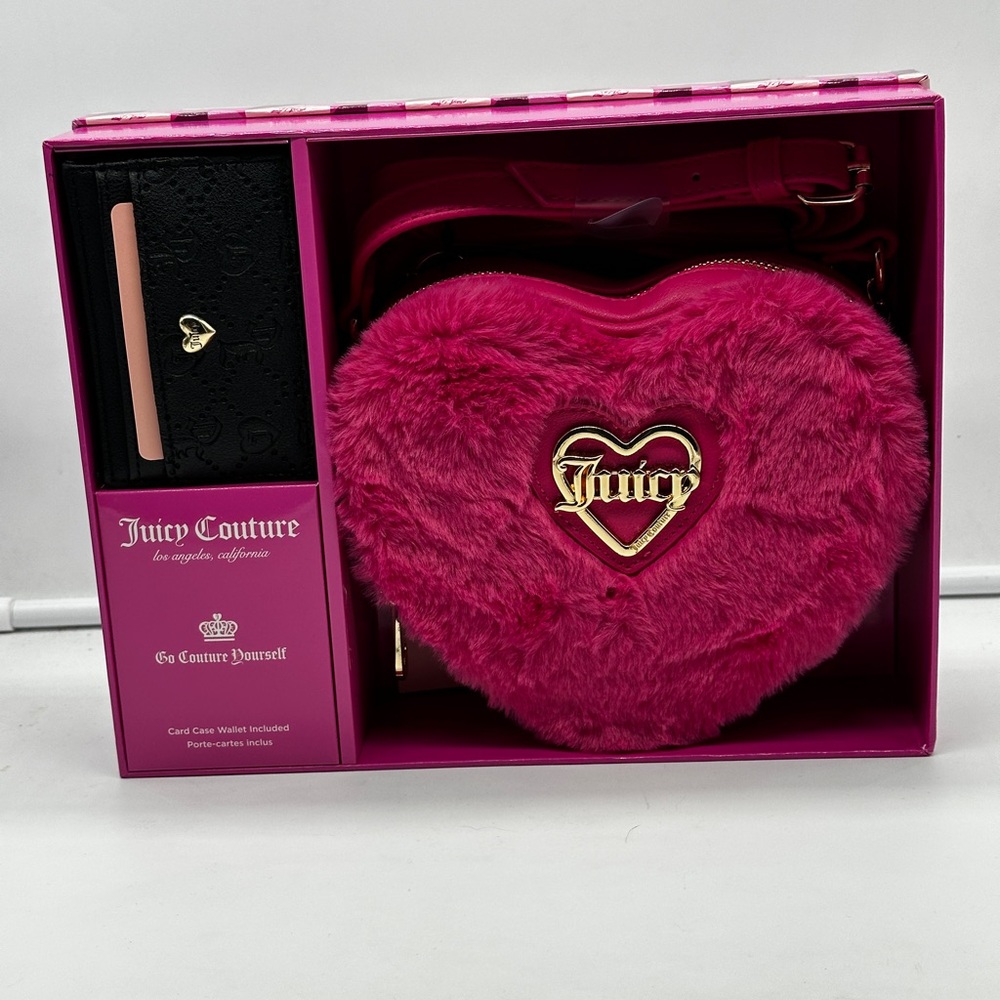 💗 Juicy Couture Faux Fur Free Love Heart Crossbody & Card Case